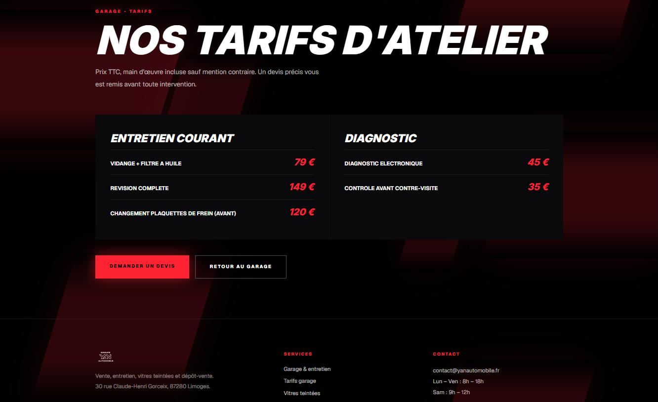 Grille des tarifs d'atelier du garage